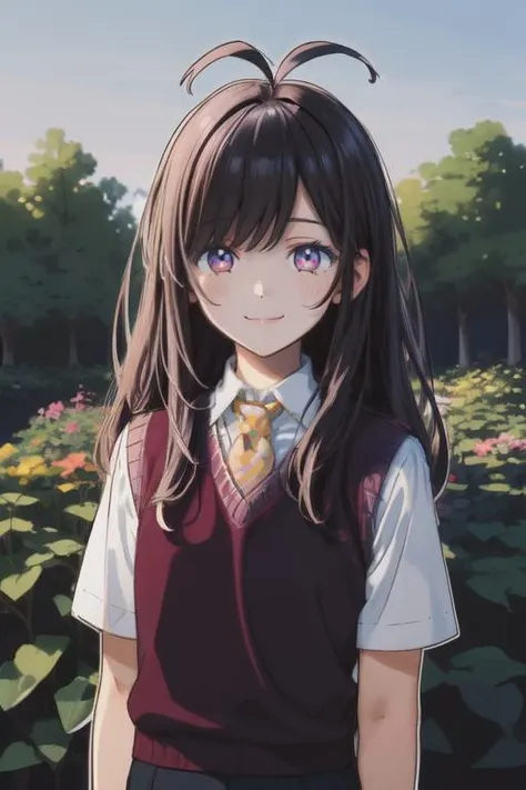 art by agnes cecile,koshigaya komari,(1girl:1.2),solo,long hair,antenna hair,closed mouth,smile,sweater vest,outdoors,garden,soft lighting colored pencil,, (flat color, pastel style, black outlines:1.2), sketch