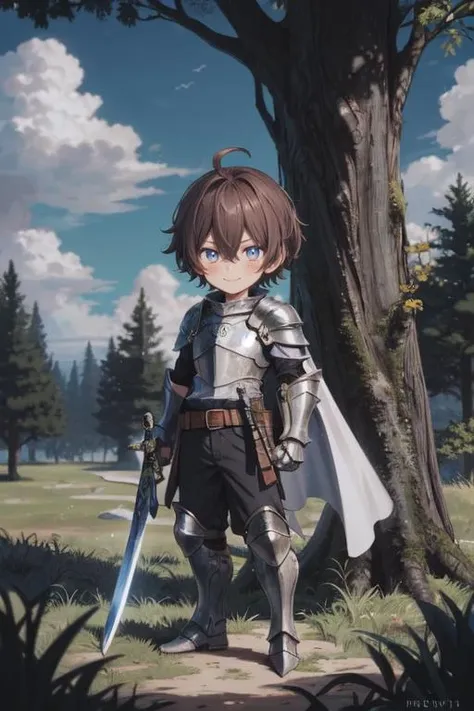 weapon, mushroom, armor, sword, 1boy, holding, outdoors, male focus, holding weapon, cape, smile, blue eyes, nature, tree, solo, chibi, holding sword, brown hair, ahoge, looking at viewer, day, gauntlets, forest, standing, armored boots, sky, full body, grass, closed mouth, boots, blue sky, sheath, cloud, plant, shoulder armor, moss, blush, pants, rock, short hair, greaves, fantasy, bangs, white cape, belt, breastplate, hair between eyes