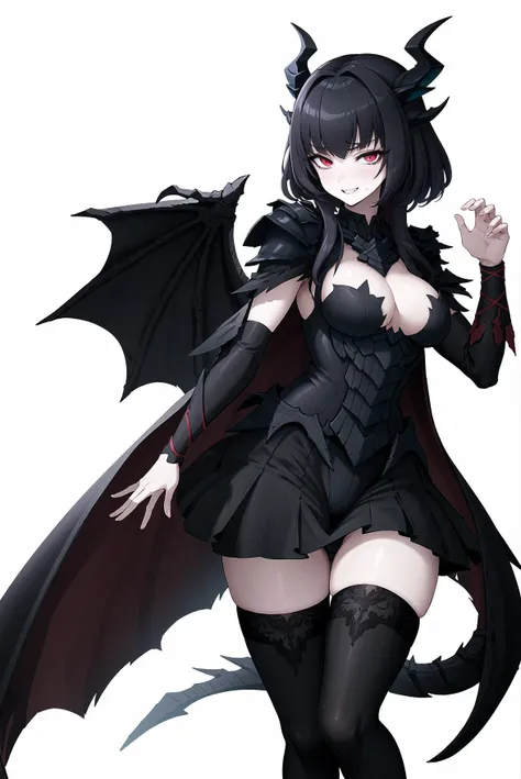 (Masterpiece, Best Quality, High Quality, Highres:1.1), Detailed, Extremely Detailed, 4K, Detailed Face, (Hyper-Detailed Eyes:1.0), (Ornate:1.0), intricate, 1girl, (mature female:1.2), glowing eyes, eyeshadow, evil smile, black dragon horns, black dragon tail, black dragon wings, (black long hair, very straight hair, blunt bangs, hime cut), black tight dragon scale armor, red eyes, long sleeves, black cape, pale skin, (covered thighs), black thighhighs, outdoors, flower meadow, Digital artwork, cinematic shot of a Broken Sweltering Emo [Snow plow|Pencil sharpener] made from Trees  detailed with Flaming Moss patterns, background is Cabin, Bathed in shadows, soft focus, Realistic, Joyful, Britpop, Nostalgic lighting, Depth of field 270mm, Kinemacolor, Mandala, raytraced reflections, artstation, professional, (art by Keith Haring:0.7)