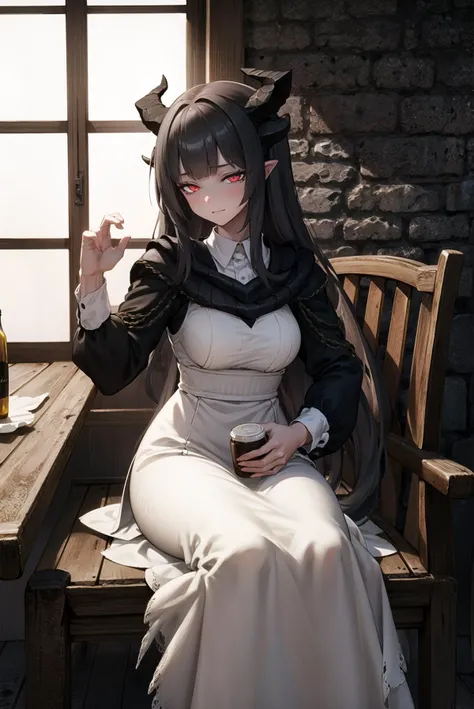 (masterpiece:1.3), best quality, highres, absurdres, 4k, raytracing, detailed, intricate, intricate details, 1girl, (mature female:1.2), glowing eyes, eyeshadow, evil eyes, half-closed eyes, (black dragon horns), (black long hair, very straight hair, blunt bangs, hime cut), red eyes, indoors, tavern, wooden wall, wooden table, sitting at table, (a girl sitting at a table), sitting on wooden bench, (black hair), (simple white dress), <lora:Skyrim_VitalyaV4-000008:0.4>, <lora:WaifuDragon:0.6>, <lora:a_jkStyle_jkfinal:0.3>, <lora:a_imizuNitroUnknown_imizufinal:0.2>, bottle, food,
