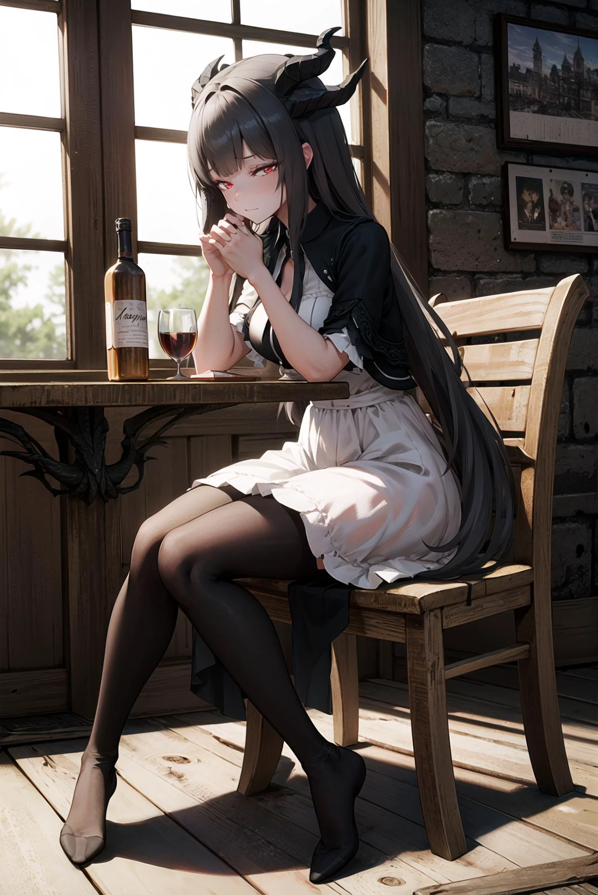 (masterpiece:1.3), best quality, highres, absurdres, 4k, raytracing, detailed, intricate, intricate details, 1girl, (mature female:1.2), glowing eyes, eyeshadow, evil eyes, half-closed eyes, (black dragon horns), (black long hair, very straight hair, blunt bangs, hime cut), red eyes, indoors, tavern, wooden wall, wooden table, sitting at table, (a girl sitting at a table), sitting on wooden bench, (black hair), (simple white dress), <lora:Skyrim_VitalyaV4-000008:0.4>, <lora:WaifuDragon:0.6>, <lora:a_jkStyle_jkfinal:0.3>, <lora:a_imizuNitroUnknown_imizufinal:0.2>, bottle, food,