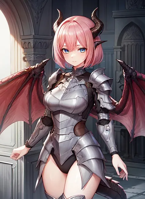 Anime style image of a dragon girl with a dragon tail, sharp teeth, sharp claws and dragon wings and she is wearing very tight armor and you are in a medieval village.
