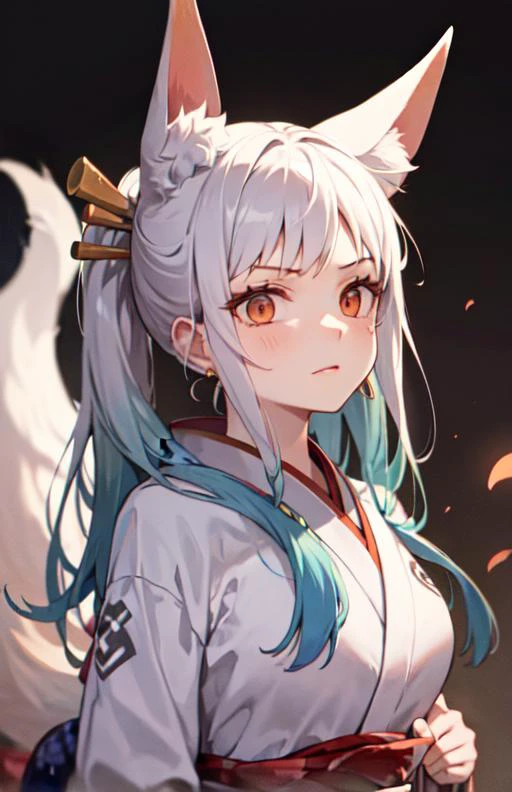 anime style, young lady, foxgirl, pretty face, detailed face, marks on the face,
fox ears, fox nose, triangular nose, fox tail:1.1, white fur,
white hair with blue details,
large breasts, white kimono:1.2, blue detailed kimono, long red skirt,
colorful, simple sliippers,
she is the guardian of a japanese temple,
best quality, ultra-detailed,
simple background, <lora:yamatowanpi3_64dim-5e-5:1>