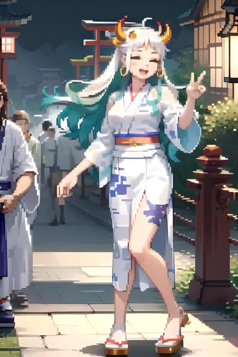 masterpiece, ultra-detailed, young lady, pretty face, detailed face, happy, smiling, open mouth, closed eyes, multicolored hair, horns, <lora:yamatowanpi3_64dim-5e-5:0.8>, white yukata, red long skirt, slipper, japanese temple, torii, jaoanese gate, pixelart, pixel, 16bits, <lora:CspPixelArt_Style:0.7>, fullbody shot,