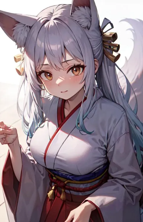 anime style, young lady, foxgirl, pretty face, detailed face, marks on the face,
fox ears, fox nose, triangular nose, fox tail:1.1, white fur,
white hair with blue details,
large breasts, white kimono:1.2, blue detailed kimono, long red skirt,
colorful, simple sliippers,
she is the guardian of a japanese temple,
best quality, ultra-detailed,
simple background,  <lora:yamatowanpi3_64dim-5e-5:0.7>