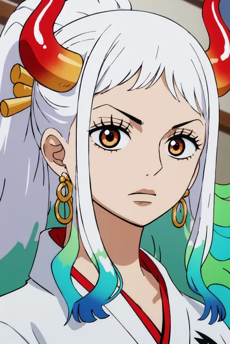 masterpiece, best quality, ultra detailed,  <lora:yamatowanpi3_64dim-5e-5:1>, yamato\(one piece\), hair ornament, ponytail, white hair, earrings, 1girl, hair stick, multicolored hair, grey hair,horns,long hair, red horns <lora:wanostyle_2_offset:1>