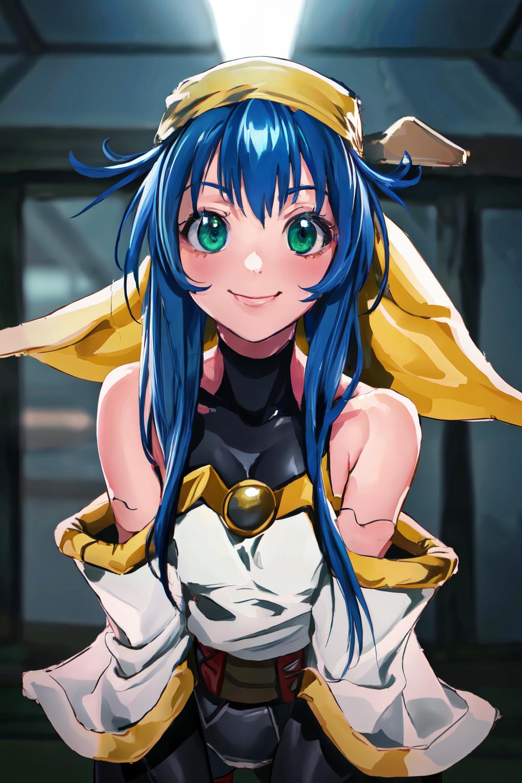 A close up of a person with blue hair and a yellow jacket - SeaArt AI