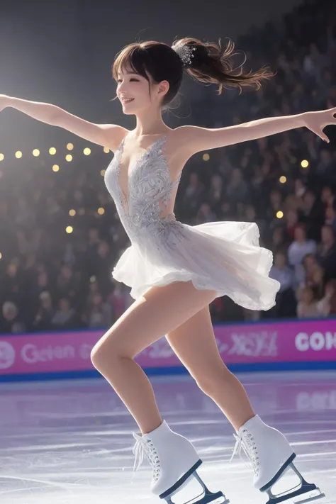 white dress,(realistic:1.3), finely detailed, quality,  (masterpiece:1.2), (photorealistic:1.2), (best quality), (detailed skin:1.3), (intricate details), dramatic, ray tracing, 1girl, detailed skin texture, (blush:0.5), (goosebumps:0.5), subsurface scattering, smiling, medium breasts, high ponytail hair, bangs, hair between eyes, white bling decorate lace dress, ice skates, upper body, raise arm, (raise leg:1.1), (figure skating:1.1), dancing on grand ice skating exhibition, wind, countless crowd, (night), from side,see-through,
 <lora:girllikefigureskating:0.65>