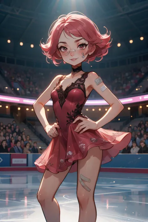 figure skating, on grand ice skating exhibition,crowd, cinematic lighting, high quality, masterpiece, <lora:girllikefigureskating:.6>
maylene, band-aid on nose, short pink hair,lace dress, looking at viewer, serious, smirk, blush, medium shot, hands on hips, <lora:maylene-nvwls-v1:.8>