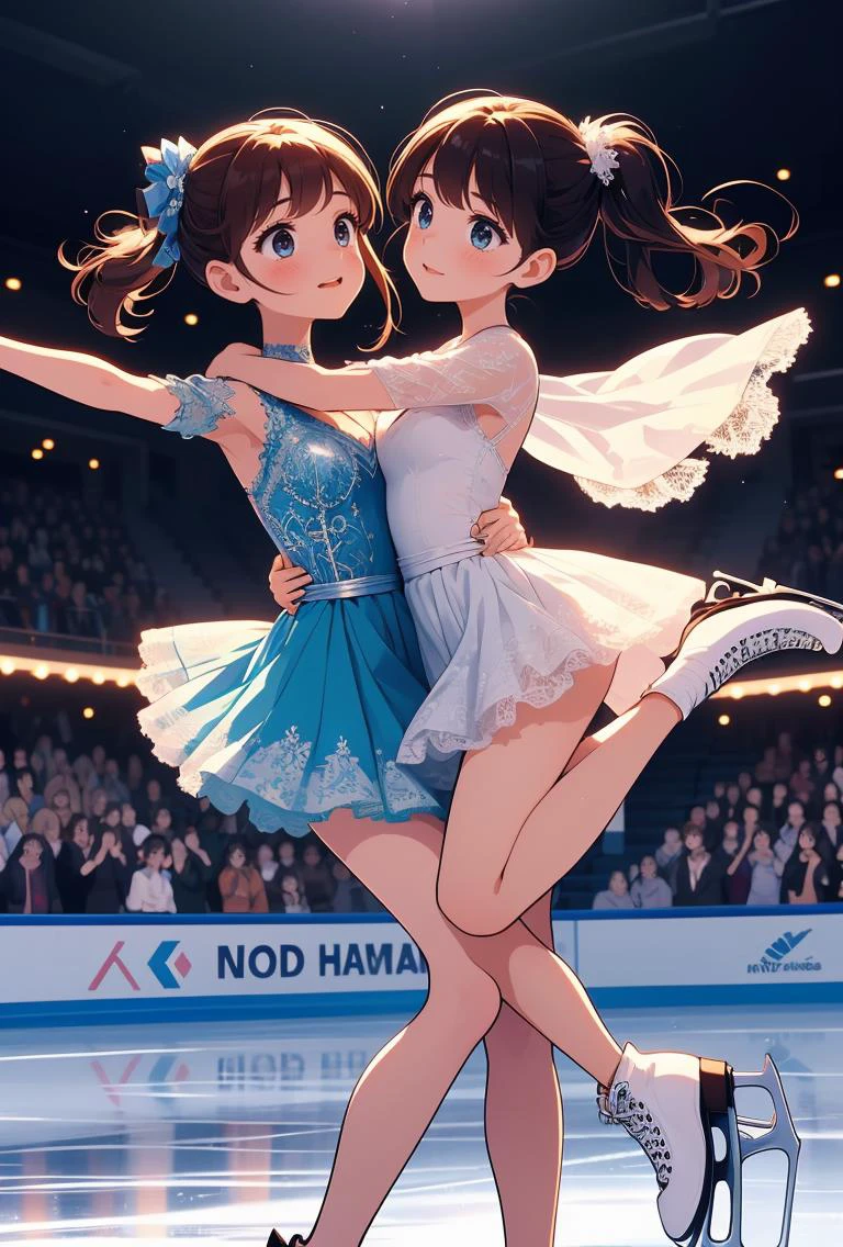 (masterpiece, best quality), <lora:girllikepairskating:0.8> pair skating, 2girl, girl lift another girl, raise shoes, hug waist, dancing on grand ice skating exhibition, bling decorate lace dress, sleeves, cinematic light, countless crowd, wind, night