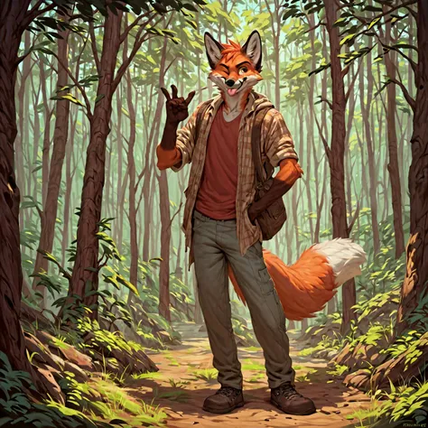 score_9, score_8_up, score_7_up, score_6_up, score_5_up, score_4_up, rating_safe, full body portrait, an anthro male fox, winking, tongue out, forest, chunie