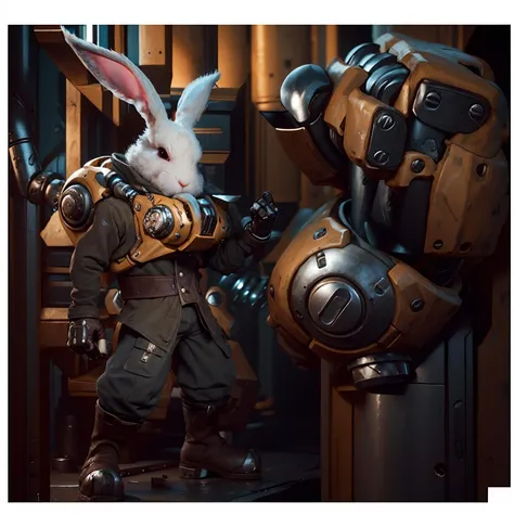 face lighting,bright backlight,super high resolution,best quality,Photos,4k,(Realistic:1.2),tu,rabbit,(mechanical arm:1.4),
white background,rabbit ears,boots,solo,animal ears,<lora:tu_20230808151842:0.9>,whole body,jacket,stand,