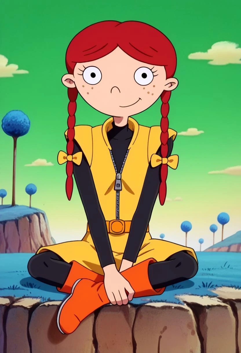 score_9, score_8_up, score_7_up, score_6_up BREAK namek, blue grass, tree, green water, green sky, cloud, lila sawyer,1girl, red hair, yellow sleeveless jacket,sleeveless jacket, black leotard,long sleeves, black sleeves,closed jacket, yellow skirt, miniskirt, black leggings,yellow belt, grey belt buckle, sitting,on blue grass,looking at viewer, long hair, twin braids,official style,freckles,orange boots, yellow vest,sleeveless,zipper,smile,yellow hair bow, <lora:Namek:1> <lora:LilaPony:1>