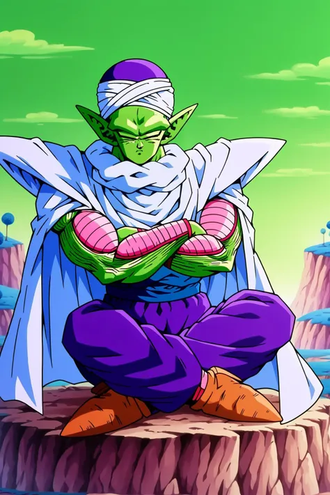 score_9, score_8_up, score_7_up, score_6_up,source_anime, BREAK namek, on top of a cliff,blue grass, green sky,tree, piccolo,1boy, full body,green skin, white turban, white cape, purple dougi,pink patches, blue sash, brown shoes,purple pants,pointy ears,sitting, indian style, crossed arms, closed eyes,serious, sleeveless,crossed legs,  <lora:NamekPony:0.8> <lora:Piccolo_v0_9:1>