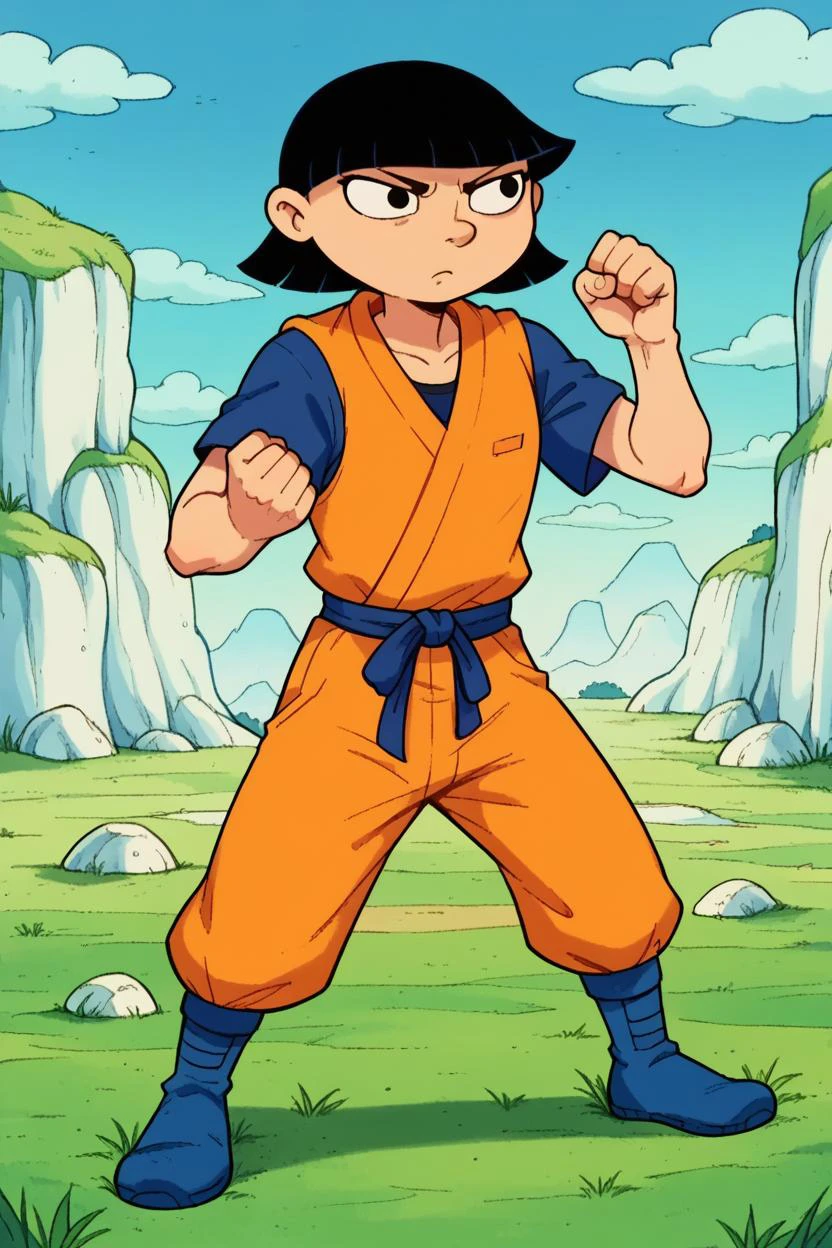 score_9, score_8_up, score_7_up, score_6_up,break wasteland, (white ground),grass, plateau,rhonda, black hair, black eyes, bob cut, blunt bangs, fighting stance,karate gi,orange clothes, dark blue belt,dark blue shirt, short sleeves,orange vest, dark blue boots, black boots,dark blue boots,hands up,looking ahead <lora:BreakWastelandPony:1> <lora:RhondaPony:1>