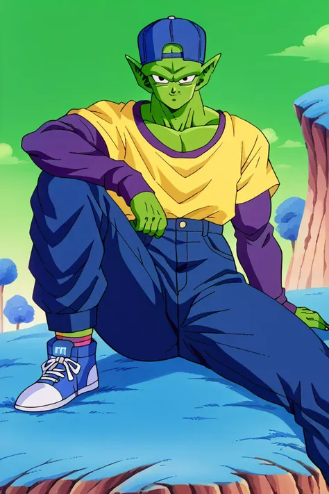 score_9, score_8_up, score_7_up, score_6_up, score_5_up, score_4_up, BREAK piccolo,green skin,pointy ears, black eyes, blue baseball cap, jeans, yellow t-shirt, backwards hat, purple sleeves, blue sneakers, bald, short over long sleeves,namek, green sky,blue grass, tree, sitting,looking at viewer, smug,cloud, knee up,cliff,yellow shirt  <lora:PiccoloPonyV2:1> <lora:NamekPony:1>