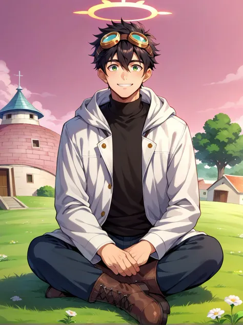 <lora:OtherworldPony:1> kai planet, pink sky, grass, tree, flowers, house, building,sitting, indian style, halo,, score_9, score_8_up, score_7_up, source_anime,, solo, smile, 1boy, green eyes, short hair, black hair, bangs, hair between eyes, messy hair, (goggles on head:1.2),, headband, white coat, hooded coat, hood down, open coat, turtleneck, capri pants, pants, black knee boots,