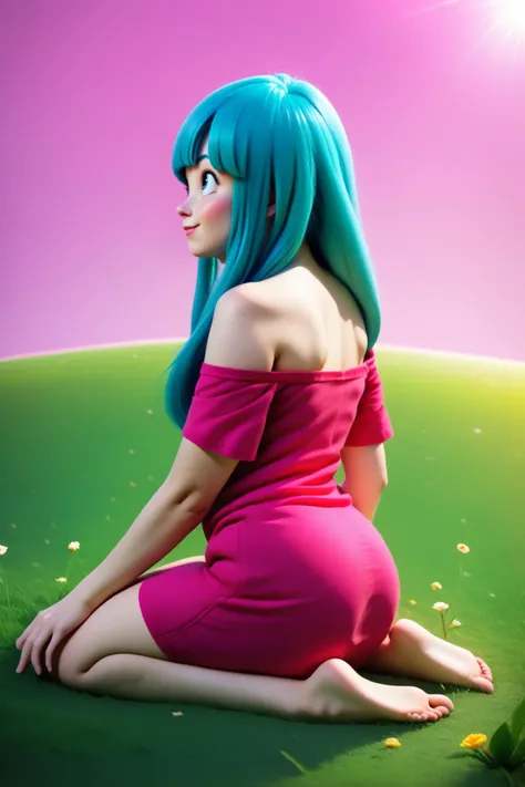 score_9, score_8_up, score_7_up, score_6_up, score_5_up,score_4_up, maron, 1girl,solo, aqua hair, blue eyes, bangs, long hair,pink short dress, off shoulder, short sleeves, kai planet, grass, pink sky,flower,road, happy, closed mouth, from side, sitting, seiza,realistic,kneeling, 3d,looking up,tree, <lora:MaronPony:1> <lora:OtherworldPony:1>