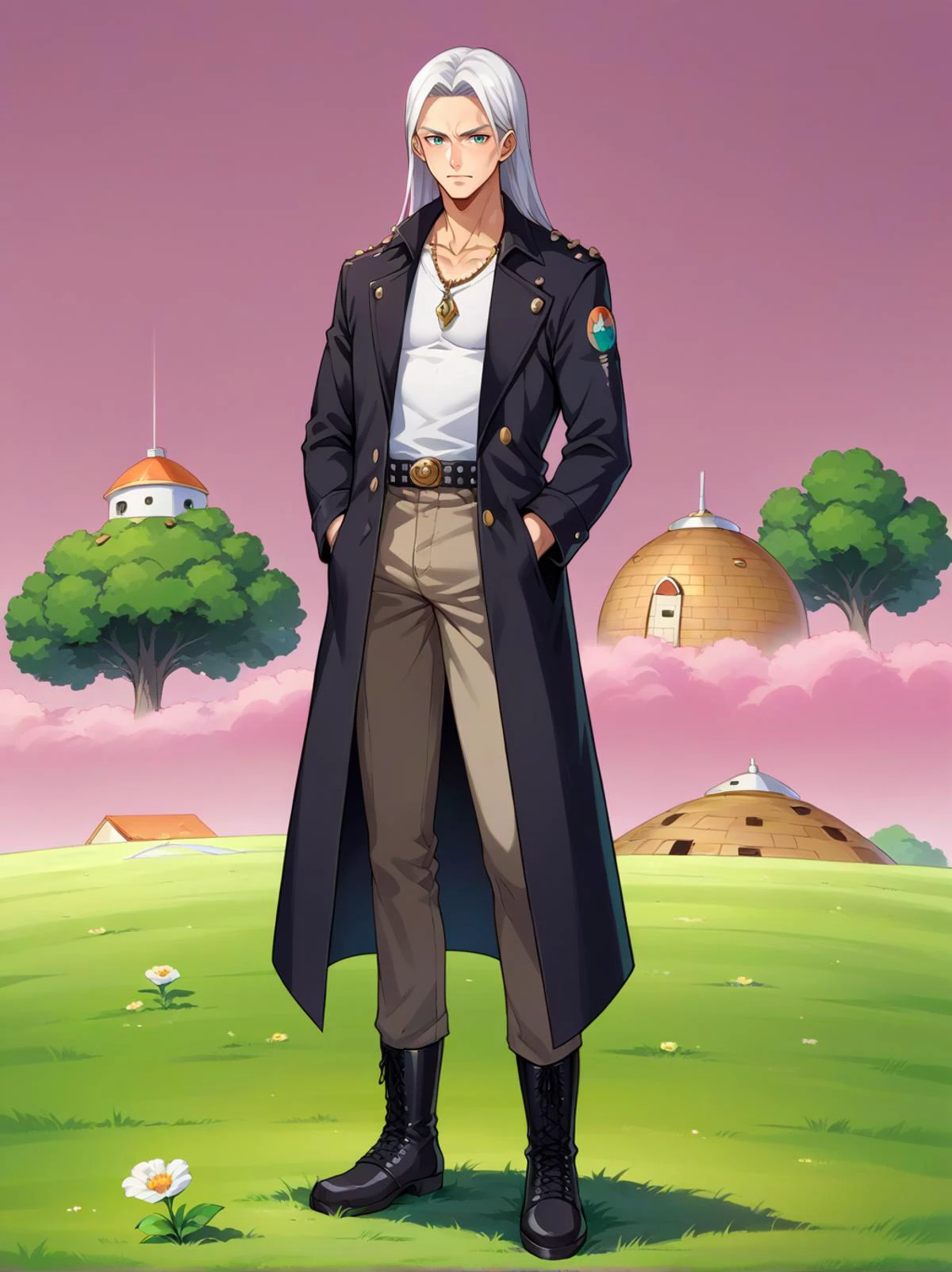 cowboy shot, <lora:OtherworldPony:1> kai planet, pink sky, grass, tree, flowers, house, building,, score_9, score_8_up, score_7_up, source_anime,, solo, 1boy, teal eyes, tsurime, parted bangs, white hair, shoulder-length hair, long hair, coat, shirt, pants, studded belt, multiple belts, combat boots, torn clothes, necklace, black coat, black and green theme,