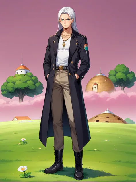 cowboy shot, <lora:OtherworldPony:1> kai planet, pink sky, grass, tree, flowers, house, building,, score_9, score_8_up, score_7_up, source_anime,, solo, 1boy, teal eyes, tsurime, parted bangs, white hair, shoulder-length hair, long hair, coat, shirt, pants, studded belt, multiple belts, combat boots, torn clothes, necklace, black coat, black and green theme,