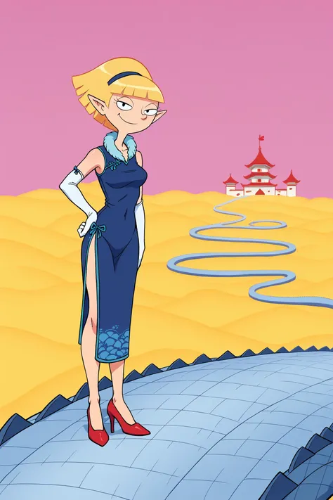 score_9, score_8_up, score_7_up, score_6_up, BREAK snakeway, castle,east asian architecture, pink sky, hand on own hip, olga pataki, blonde hair, black eyes, short hair,blunt bangs, standing, blue china dress, scale armor, pelvic curtain, red trim, sleeveless,yellow cloud,, white elbow gloves, red high heels,looking at viewer, road,official style,smug,clear sky, pointy ears,(white neck fur),feather boa,(spiked road),elbow gloves, (from side:0.7),scales,neck fur, side slit, <lora:OlgaPony:1> <lora:OtherworldPony:1>