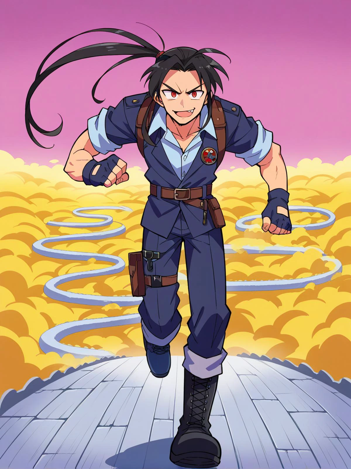 <lora:OtherworldPony:1> snakeway, pink sky, road, yellow cloud, running,, score_9, score_8_up, score_7_up, source_anime,, solo, smug smile,
1boy, red eyes, tsurime, black hair, parted bangs, hair intakes, ponytail, short hair with long locks, very long bangs, fang,, jacket on shoulders, black coat, dress shirt, sleeves rolled up, fingerless gloves, pants, belt, multiple belts, combat boots, shoulder holster, chest belt,