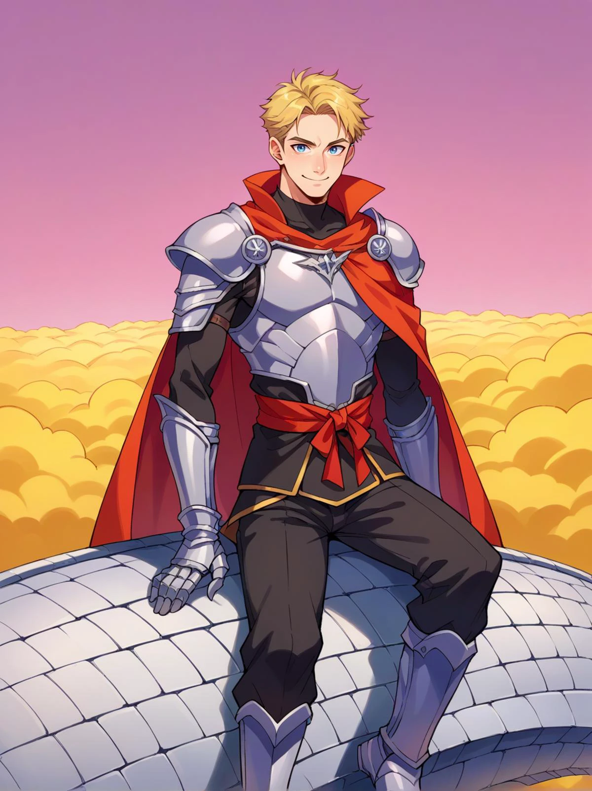 cowboy shot, <lora:OtherworldPony:1> snakeway, pink sky, road, yellow cloud, sitting,, score_9, score_8_up, score_7_up, source_anime,, solo, smile, 1boy, blue eyes, medium blonde hair, parted bangs, hair intakes,, armor, pauldrons, cuirass, gauntlets, waist cape, greaves, black bodysuit, surcoat, shoulder sash, wing shoulder armor, cape, pants,
