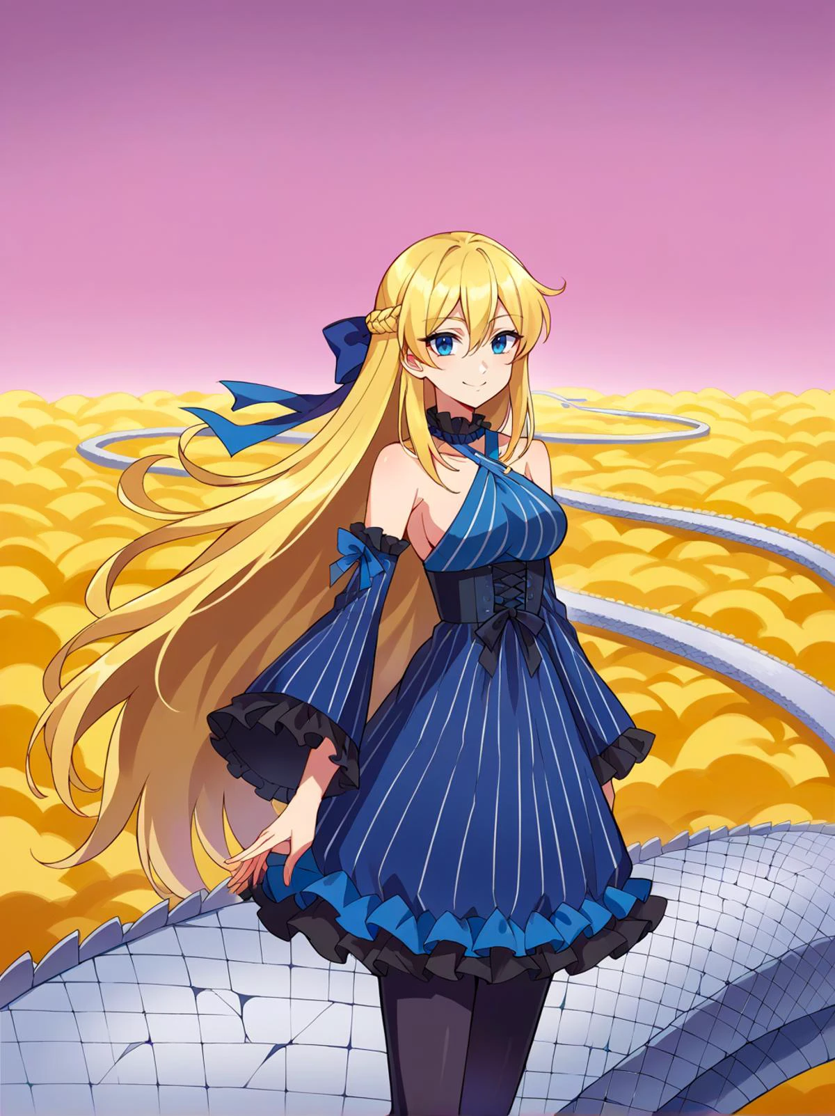 cowboy shot, scenery, <lora:OtherworldPony:1> snakeway, pink sky, road, yellow cloud,, score_9, score_8_up, score_7_up, source_anime,, solo, soft smile, light smile,
katya1, 1girl, blue eyes, very long hair, blonde hair, long blonde hair, french braid, bangs, hair between eyes, medium breasts,, hair ribbon, frilled choker, criss-cross halter, sleeveless dress, high-waist skirt, backless dress, blue dress, waist blue bow, detached sleeves, frilled sleeves, wide sleeves, blue sleeves, black pantyhose, patterned legwear, pinstripe pantyhose, mary janes, layered dress,