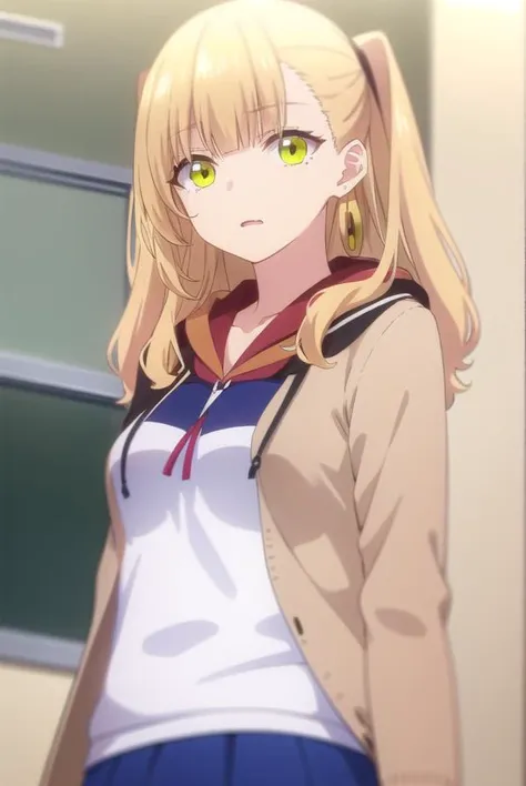 mikenekotani, <lora:mike nekotani s1-lora-nochekaiser:1>,
mike nekotani, long hair, bangs, blonde hair, (green eyes:1.3), fang, two side up,
BREAK skirt, jewelry, jacket, earrings, open clothes, hood, miniskirt, black skirt, blue skirt, hoodie, cardigan, open cardigan,
BREAK indoors, classroom,
BREAK looking at viewer,
BREAK <lyco:GoodHands-beta2:1>, (masterpiece:1.2), best quality, high resolution, unity 8k wallpaper, (illustration:0.8), (beautiful detailed eyes:1.6), extremely detailed face, perfect lighting, extremely detailed CG, (perfect hands, perfect anatomy),