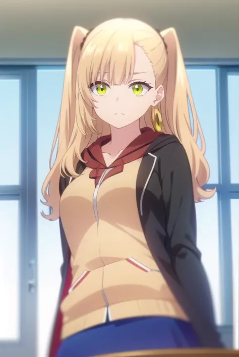mikenekotani, <lora:mike nekotani s1-lora-nochekaiser:1>,
mike nekotani, long hair, bangs, blonde hair, (green eyes:1.3), fang, two side up,
BREAK skirt, jewelry, jacket, earrings, open clothes, hood, miniskirt, black skirt, blue skirt, hoodie, cardigan, open cardigan,
BREAK indoors, classroom,
BREAK looking at viewer,
BREAK <lyco:GoodHands-beta2:1>, (masterpiece:1.2), best quality, high resolution, unity 8k wallpaper, (illustration:0.8), (beautiful detailed eyes:1.6), extremely detailed face, perfect lighting, extremely detailed CG, (perfect hands, perfect anatomy),