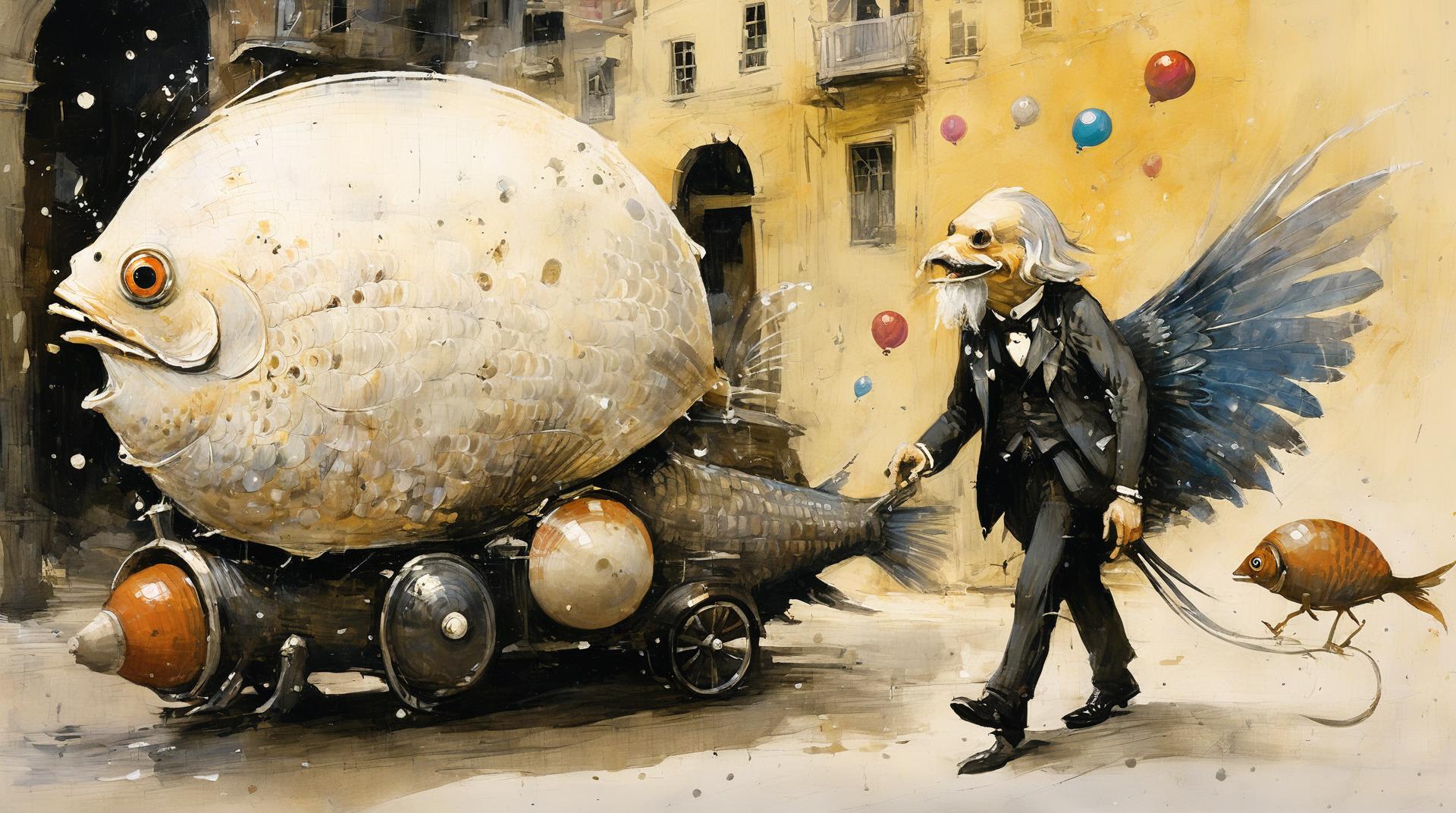Painting of a man walking a dog and a fish with a balloon - SeaArt AI