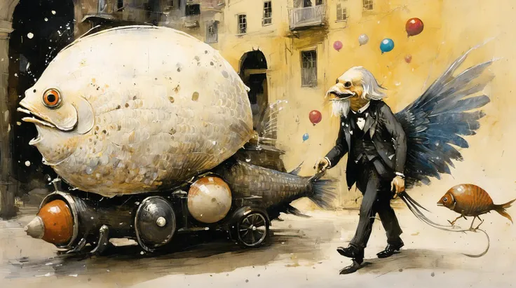 (purple-toned:0.75), thick impasto, (ashleywoodartai:1.3). (Bosch_Creatures:0.8), frail fish with wings with a shell with orbs wearing formal clothes, walking along a Victorian street, colourful heavy brushstrokes in the background, very detailed, whimsical, wide paint splatters. (diterlizziartai:1.1) <lora:AshleyWoodArtAIcc:1> <lora:Bosch_Creatures:0.7> <lora:DiTerlizziArtAIccp:1>