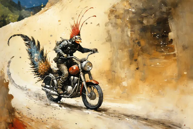 (scarlet-toned:0.75), thick impasto, (ashleywoodartai:1.3). (Bosch_Creatures:0.8), two-legged human body with fish tail with spotted feathers riding a motorcycle in a race on a dirt road through mountains, colourful heavy brushstrokes in the background, very detailed, whimsical, wide paint splatters. (diterlizziartai:1.1) <lora:AshleyWoodArtAIcc:1> <lora:Bosch_Creatures:0.7> <lora:DiTerlizziArtAIccp:1>