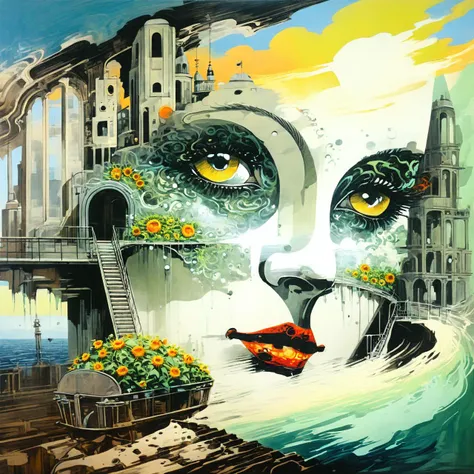detailed Surreal painting of a woman's face, DiTerlizziArtAI <lora:DiTerlizziArtAIcc:1> AND a detailed Surreal painting of a summer landscape, path, bright sunlight, <lora:AshleyWoodArtAIcc:1> AND a detailed Art Deco painting of a Victorian lady <lora:sdxl_George barbier v1.0:1>