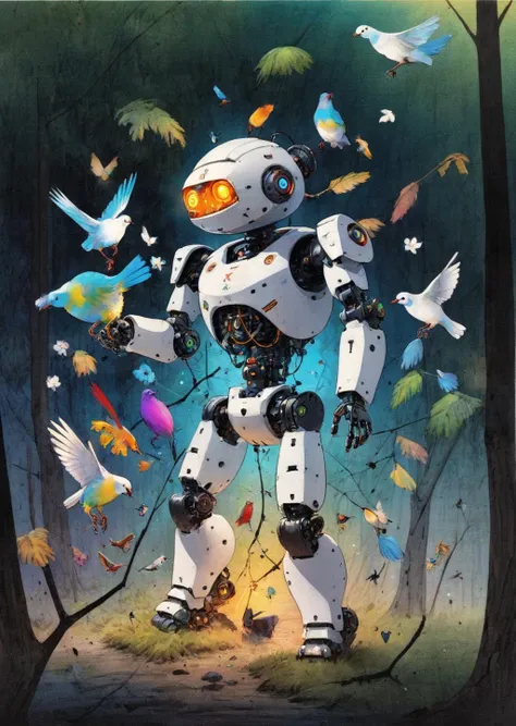 diterlizziartai  watseixl
a friendly robot  playing with birds in the woods 
colorful
gradient
glowing particles 
[(details:1.2): [ (many small details:1.3) : [ (many ultrasmall details: 1.2):(very detailed ultrasmall edges and microrelief:1.5):0.7 ]: 0.4 ] :0.2]
   <lora:DiTerlizziArtAIcc:0.7> <lora:watseixlv3:0.6>