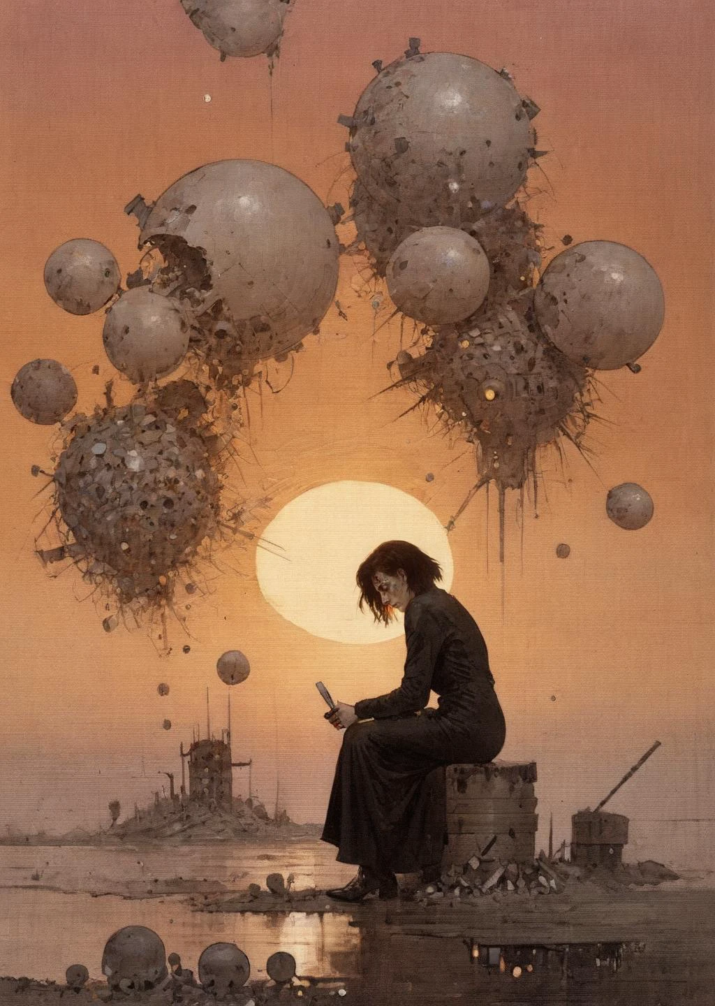 diterlizziartai  watseixl
sunset
 1girl sad, depressed
sitting on a pill of  trash
fallout
apocalypse
glowing particles
[(details:1.2): [ (many small details:1.3) : [ (many ultrasmall details: 1.2):(very detailed ultrasmall edges and microrelief:1.5):0.7 ]: 0.4 ] :0.2]
<lora:DiTerlizziArtAIcc:0.7> <lora:watseixlv3:0.8>