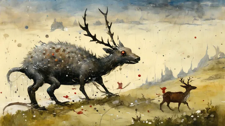 (pale-blue-toned:0.75), thick impasto, (ashleywoodartai:1.3). (Bosch_Creatures:0.8), black skinned salamander person with pouty eyes guiding a reindeer across a tundra landscape, colourful heavy brushstrokes in the background, very detailed, whimsical, wide paint splatters. (diterlizziartai:1.1) <lora:AshleyWoodArtAIcc:1> <lora:Bosch_Creatures:0.7> <lora:DiTerlizziArtAIccp:1>