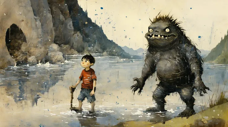 (grey-toned:0.75), thick impasto, (ashleywoodartai:1.3). (Bosch_Creatures:0.8), bumpy monster girl with teeth jumping over a wave on a beach, colourful heavy brushstrokes in the background, very detailed, whimsical, wide paint splatters. (diterlizziartai:1.1) <lora:AshleyWoodArtAIcc:1> <lora:Bosch_Creatures:0.7> <lora:DiTerlizziArtAIccp:1>