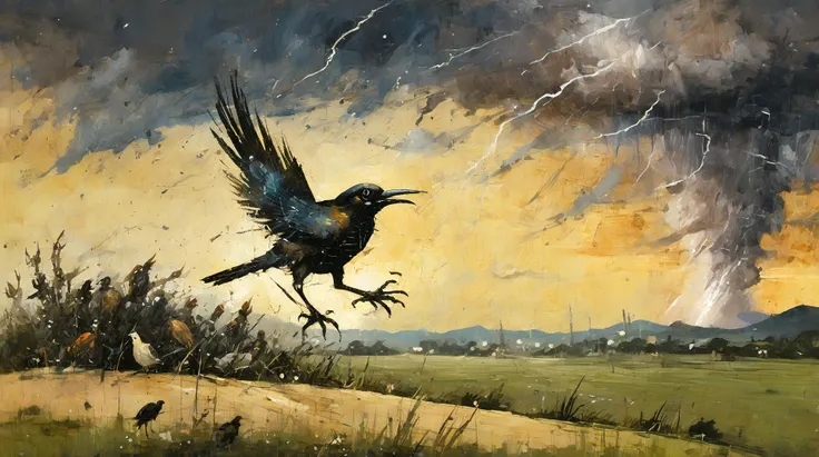 (teal-toned:0.75), thick impasto, (ashleywoodartai:1.3). (Bosch_Creatures:0.8), nude bird human with claws walking across a savannah, golden stormy sky with lightning, colourful heavy brushstrokes in the background, very detailed, whimsical, wide paint splatters. (diterlizziartai:1.1) <lora:AshleyWoodArtAIcc:1> <lora:Bosch_Creatures:0.7> <lora:DiTerlizziArtAIccp:1>