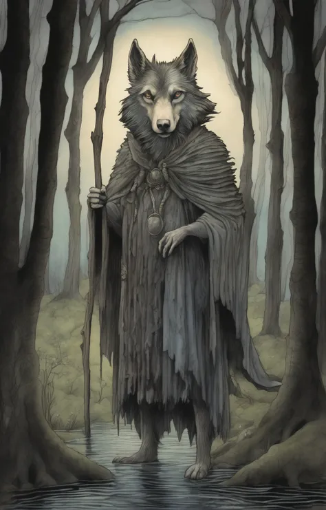dark and moody, whimsical pencil illustration, (diterlizziartai style), the wolf king standing in an acrid bog, detailed <lora:DiTerlizziArtAIccp:1>, dark fantasy style whimsical, sketchy illustration, pastels and pencil, detailed background