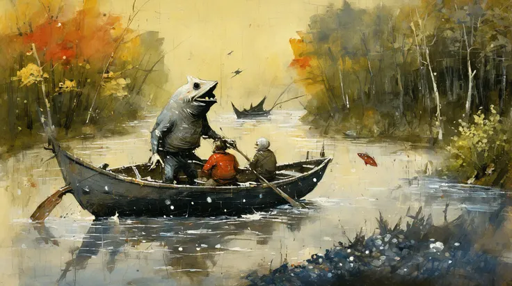 (poppy-red-toned:0.75), thick impasto, (ashleywoodartai:1.3). (Bosch_Creatures:0.8), creepy human with fish body with pointy ears sailing a small boat along a river in an autumn forest, colourful heavy brushstrokes in the background, very detailed, whimsical, wide paint splatters. (diterlizziartai:1.1) <lora:AshleyWoodArtAIcc:1> <lora:Bosch_Creatures:0.7> <lora:DiTerlizziArtAIccp:1>