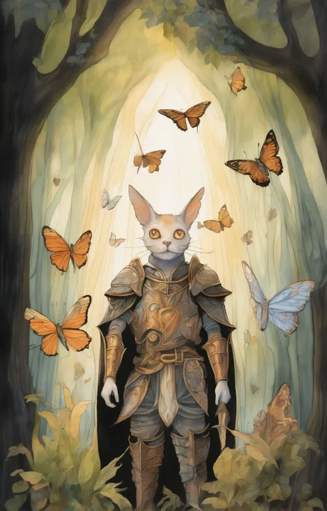 whimsical watercolor and pencil illustration, (diterlizziartai style),  looking up, (hogwarts theme:1.1) glowing eyes, plant-champion, plant-based armor, union of plants with metal,      tranquil,  glowing magical tattoos,   overgrown junglefloating particles, sacred forest in background,  butterflies, wind blowing, backlighting, ethereal atmosphere,, detailed <lora:DiTerlizziArtAIccp:1>
