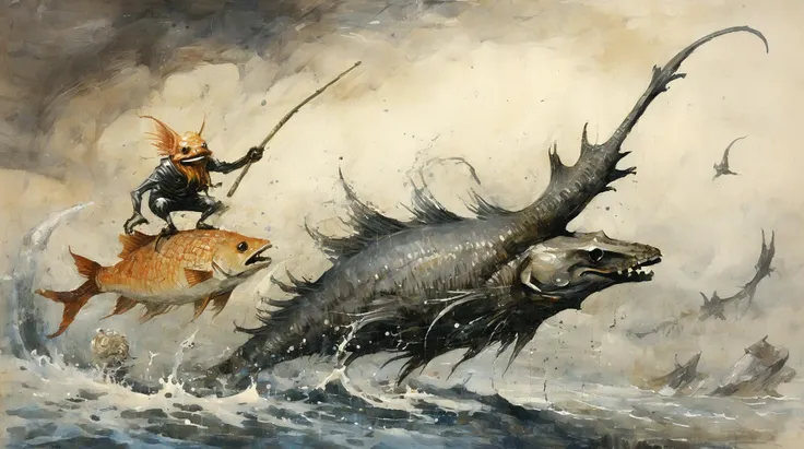 (copper-toned:0.75), thick impasto, (ashleywoodartai:1.3). (Bosch_Creatures:0.8), barefoot horned creature with a white eye riding a giant skeletal fish leaping from a stormy ocean, colourful heavy brushstrokes in the background, very detailed, whimsical, wide paint splatters. (diterlizziartai:1.1) <lora:AshleyWoodArtAIcc:1> <lora:Bosch_Creatures:0.7> <lora:DiTerlizziArtAIccp:1>