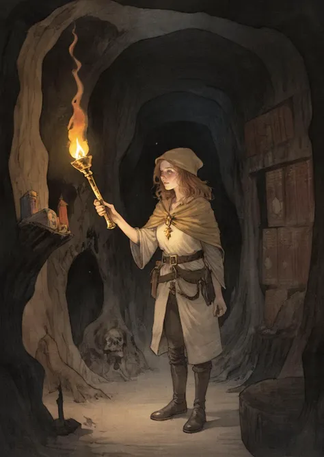 diterlizziartai  watseixl
1girl an adventurer holding a torch in a dark cave,
treasures
gold
jewelry, treasure chest, vivid color, 
characters, dark, eerie, fantasy, horror, melancholy, surreal
shadows, , gradient , dramatic lighting
[(details:1.2): [ (many small details:1.3) : [ (many ultrasmall details: 1.2):(very detailed ultrasmall edges and microrelief:1.5):0.7 ]: 0.4 ] :0.2]
   <lora:DiTerlizziArtAIcc:0.7> <lora:watseixlv3:0.6>