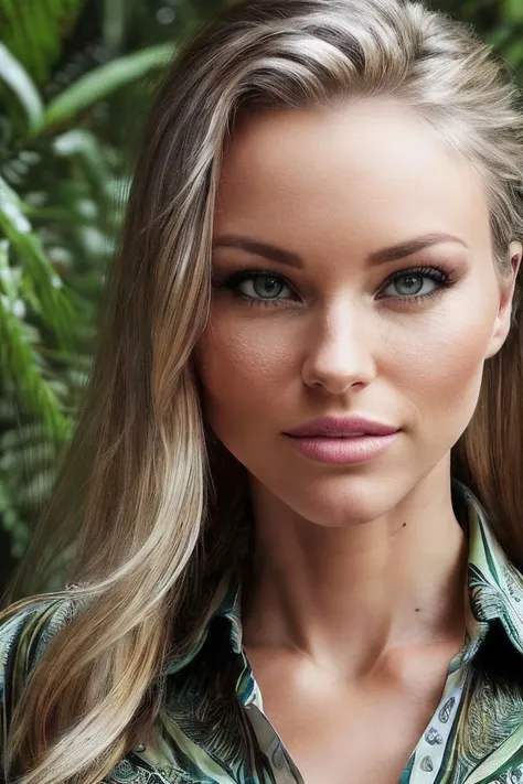 closeup headshot of S190_StaciCarr,a beautiful woman,in a (jungle:1.1),wearing a (striped-shirt:1.1),(8k, RAW photo, best quality, depth of field, ultra high res:1.2),(absurdres, intricate, photorealistic, masterpiece, ultra-detailed:1.3),