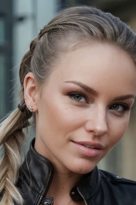 headshot of S190_StaciCarr,a stunning woman,in the (city:1.1),wearing a (leather-jacket:1.1),(pigtails:1.1),(8k, RAW photo, best quality, depth of field, ultra high res:1.2),(absurdres, intricate, photorealistic, masterpiece, ultra-detailed:1.3),