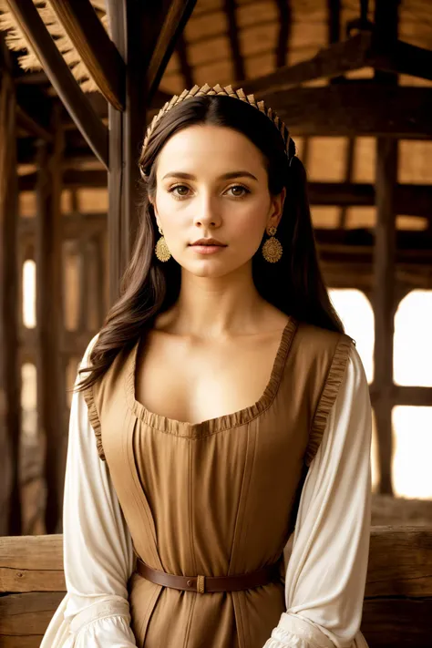 Wide angle digital minimalist art, (South African Historical Regency Era Woman:1.3), Symmetrical composition, Delicate features, Elegant attire, (Petite frame:1.2), Dark brown hair, Regal allure, Content expression, Calm demeanor, (Minimalistic rustic windmills:1.2), Subtle details, Ethereal atmosphere, Warm lighting