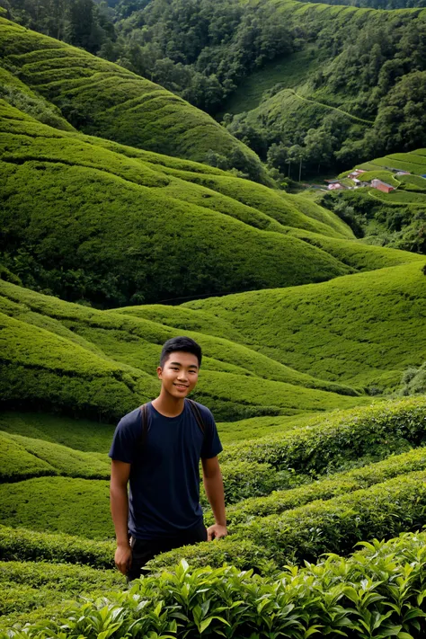 young man in a highly defined fantasy Malaysian Cameron Highlands Tea Plantations