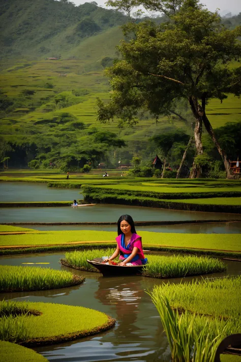 woman in a highly defined fantasy Burmese Inle Lake Floating Gardens