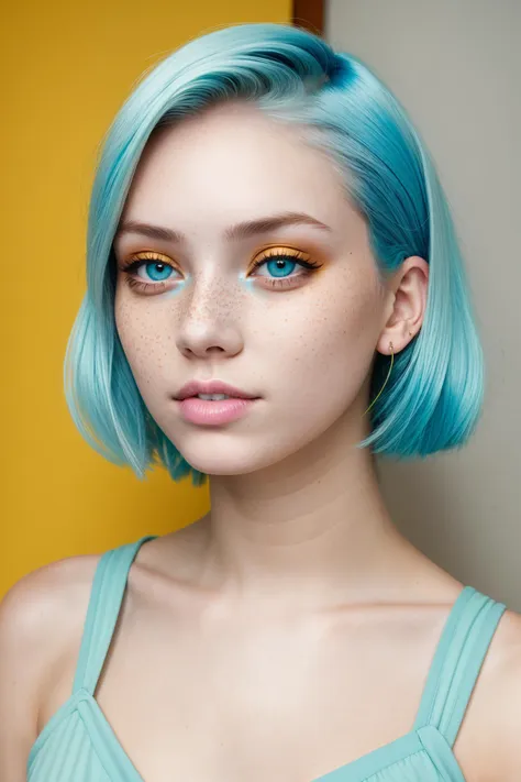 Photo of a young woman with cyan hair, natural-looking, yellow eyeshadow, pale skin, freckles